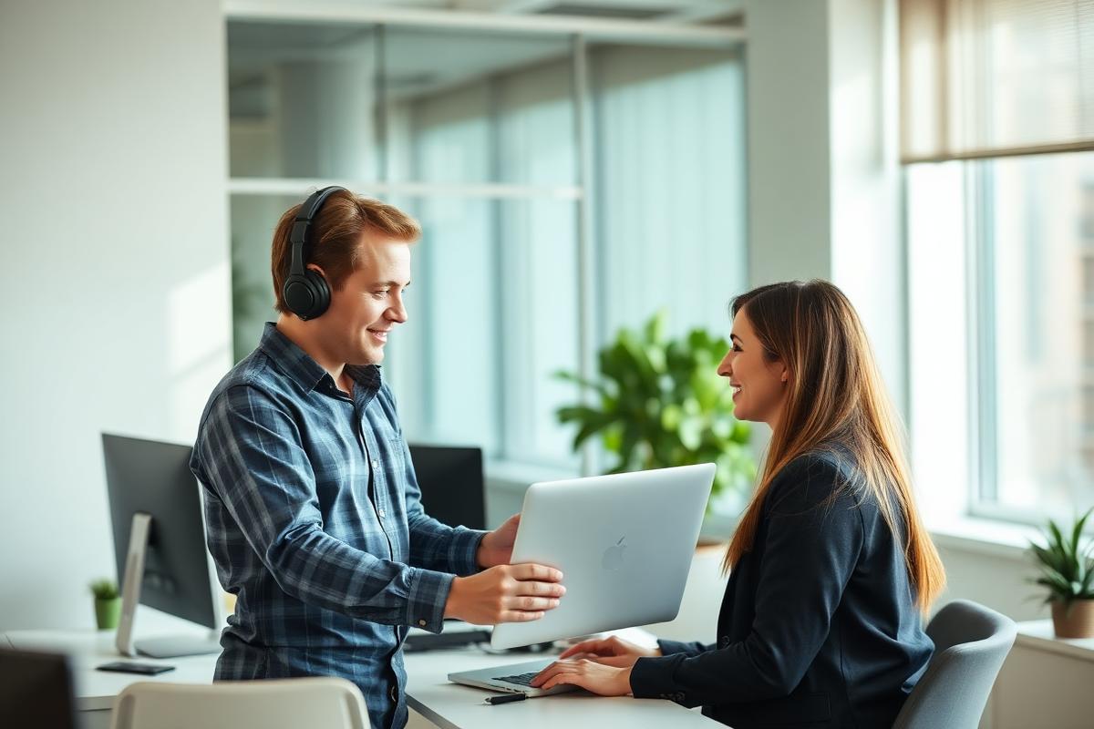 IT-professional helpt een ondernemer met laptopondersteuning