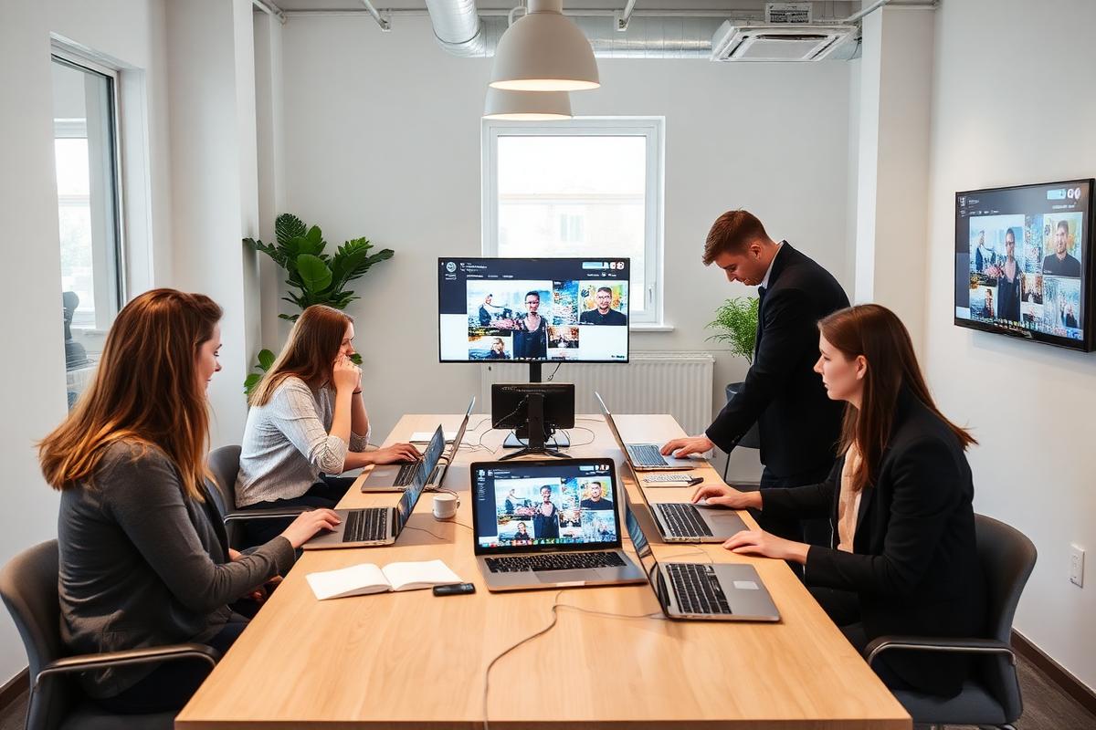 Creatief team werkt aan social media content in een modern kantoor