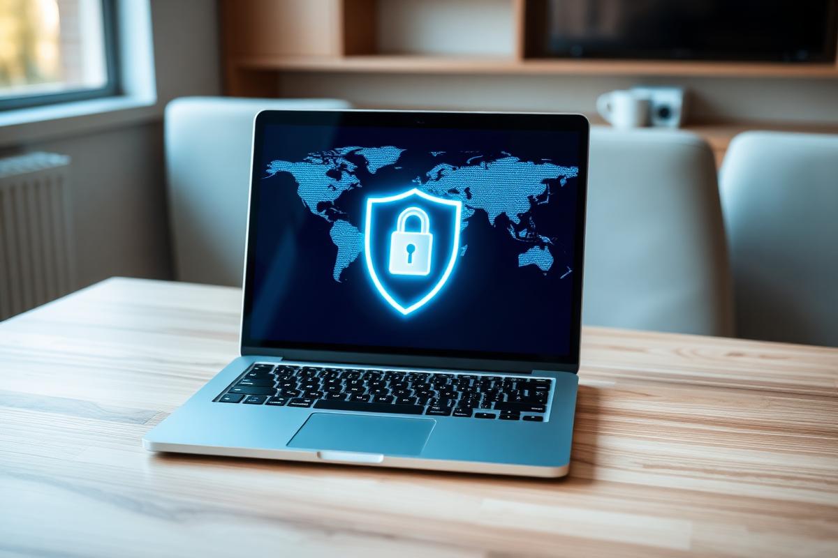Laptop met een beveiligde VPN-schildverbinding op het scherm